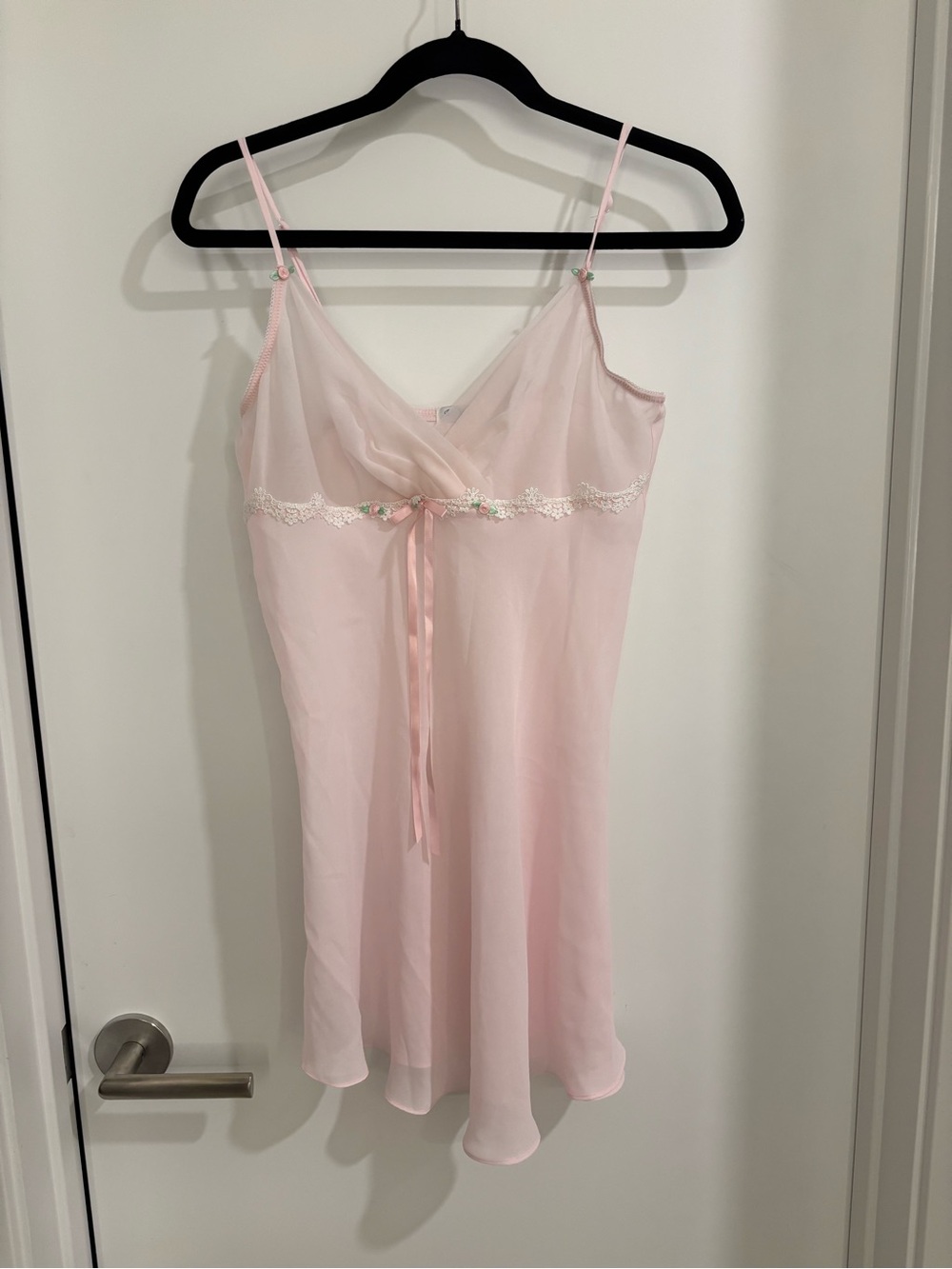 Pink Lace-Trim Mesh Chemise Slip Dress with Ribbon Tie